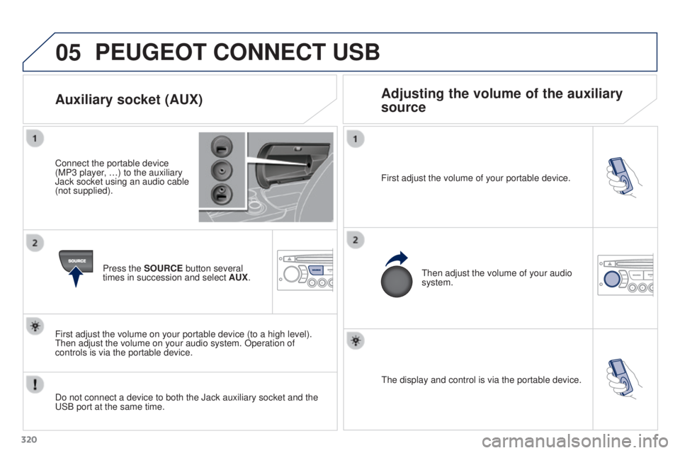 PEUGEOT 3008 2016  Owners Manual 05
320
3008_en_Chap12c_RD45_ed01_2015
The display and control is via the portable device.
First adjust the volume of your portable device.
Then adjust the volume of your audio 
system.
Auxiliary socke