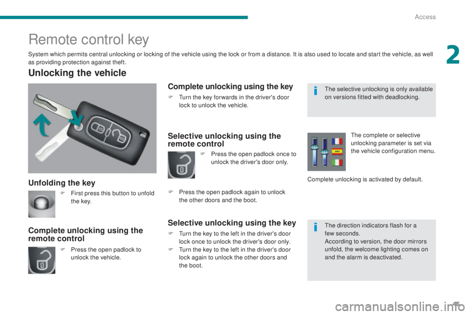 PEUGEOT 3008 2016 Owners Manual 45
3008_en_Chap02_ouvertures_ed01-2015
Unfolding the key
Unlocking the vehicle
F Press the open padlock to unlock the vehicle.
Complete unlocking using the
remote control
Remote control key
System wh PEUGEOT 3008 2016 Owners Manual 45
3008_en_Chap02_ouvertures_ed01-2015
Unfolding the key
Unlocking the vehicle
F Press the open padlock to unlock the vehicle.
Complete unlocking using the
remote control
Remote control key
System wh