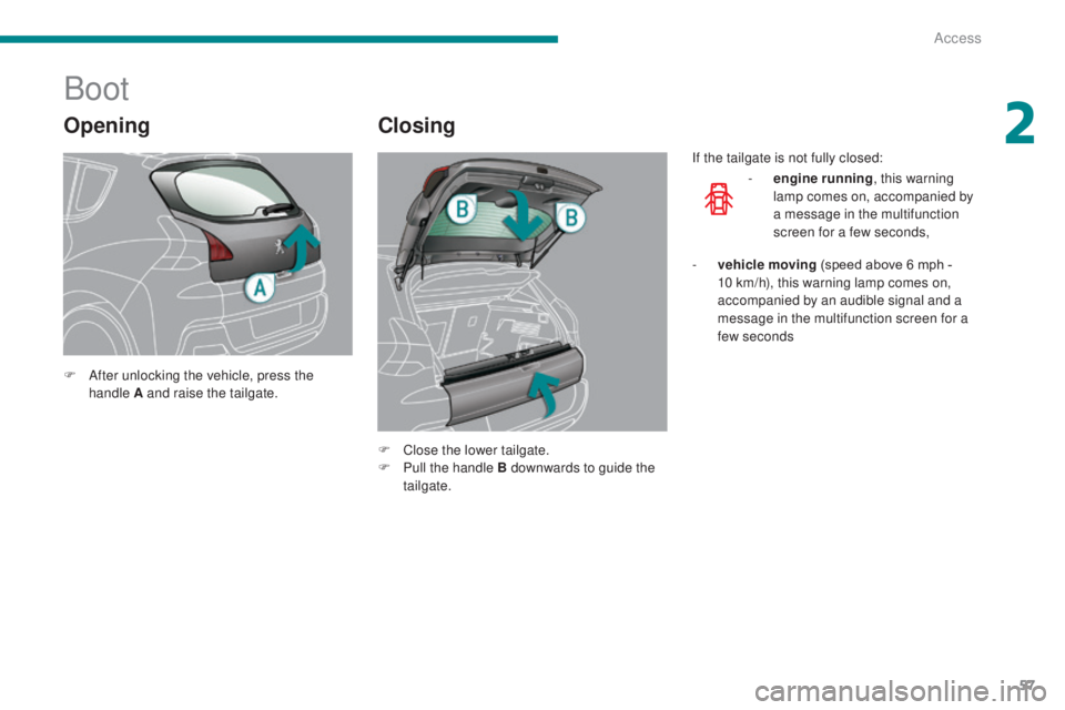 PEUGEOT 3008 2016  Owners Manual 57
3008_en_Chap02_ouvertures_ed01-2015
Opening
Boot
Closing
F After unlocking the vehicle, press the handle A and raise the tailgate.
F
 
C
 lose the lower tailgate.
F
 
P
 ull the handle B downwards 