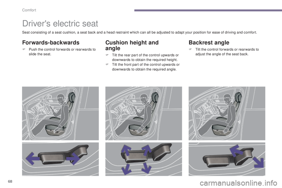 PEUGEOT 3008 2016  Owners Manual 68
3008_en_Chap03_confort_ed01-2015
Driver's electric seat
Forwards-backwards
F Push the control for wards or rear wards to slide the seat.
Cushion height and  
angle
F Tilt the rear part of the c