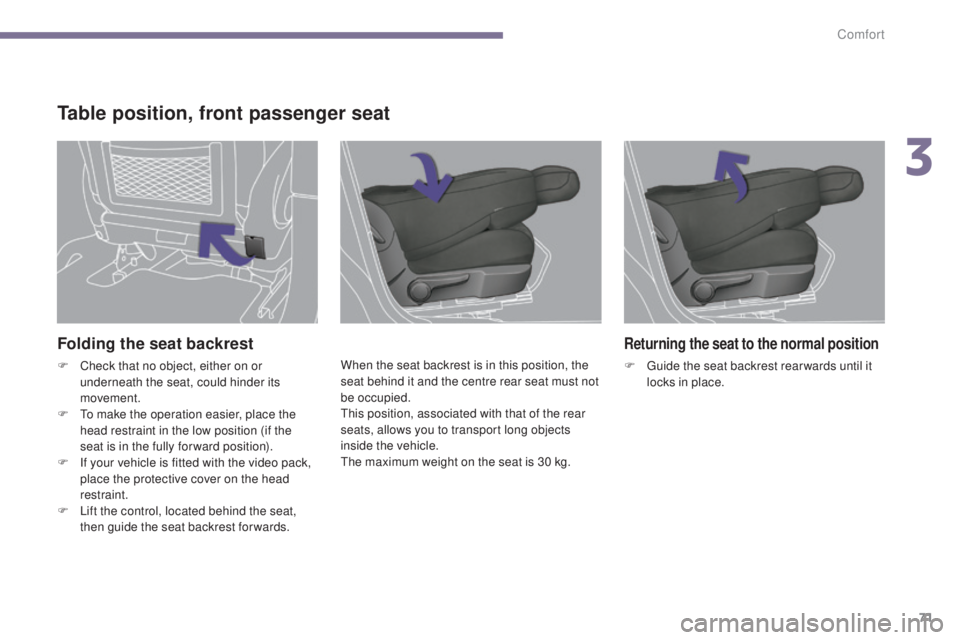 PEUGEOT 3008 2016  Owners Manual 71
3008_en_Chap03_confort_ed01-2015
Folding the seat backrest
F Check that no object, either on or underneath the seat, could hinder its 
movement.
F
 
T
 o make the operation easier, place the 
head 