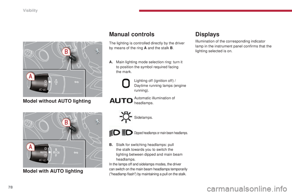 PEUGEOT 3008 2016  Owners Manual 78
3008_en_Chap04_visibilite_ed01-2015
Model without AUTO lighting
Model with AUTO lighting
The lighting is controlled directly by the driver 
by means of the ring A and the stalk B.
B.
 S

talk for s