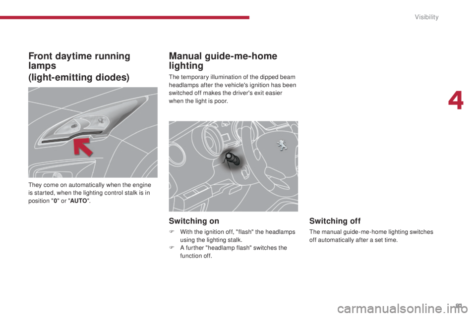 PEUGEOT 3008 2016  Owners Manual 81
3008_en_Chap04_visibilite_ed01-2015
Manual guide-me-home 
lighting
The temporary illumination of the dipped beam 
headlamps after the vehicle's ignition has been 
switched off makes the driver&