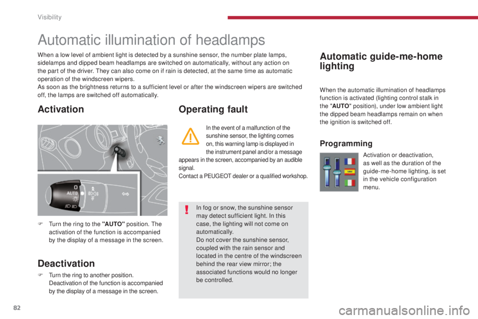 PEUGEOT 3008 2016 Owners Manual 82
3008_en_Chap04_visibilite_ed01-2015
Automatic guide-me-home
lighting
Automatic illumination of headlamps
F Turn the ring to the "AUTO" position. The
activation of the function is accompan PEUGEOT 3008 2016 Owners Manual 82
3008_en_Chap04_visibilite_ed01-2015
Automatic guide-me-home
lighting
Automatic illumination of headlamps
F Turn the ring to the "AUTO" position. The
activation of the function is accompan