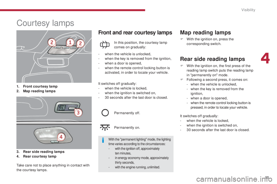 PEUGEOT 3008 2016 Owners Manual 91
3008_en_Chap04_visibilite_ed01-2015
Courtesy lamps
3. Rear side reading lamps
4. Rear courtesy lamp
Front and rear courtesy lamps
In this position, the courtesy lamp
comes on gradually:
Map readin PEUGEOT 3008 2016 Owners Manual 91
3008_en_Chap04_visibilite_ed01-2015
Courtesy lamps
3. Rear side reading lamps
4. Rear courtesy lamp
Front and rear courtesy lamps
In this position, the courtesy lamp
comes on gradually:
Map readin
