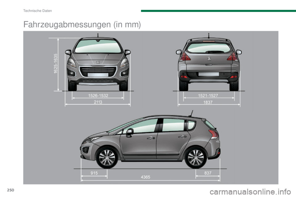 PEUGEOT 3008 2016  Betriebsanleitungen (in German) 250
3008_de_Chap11_caracteristiques_ed01-2015
Fahrzeugabmessungen (in mm) 
Technische Daten  
