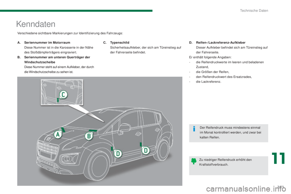 PEUGEOT 3008 2016  Betriebsanleitungen (in German) 251
3008_de_Chap11_caracteristiques_ed01-2015
Kenndaten
A. Seriennummer im Motorraum  D
iese Nummer ist in die Karosserie in der Nähe 
des Stoßdämpferträgers eingraviert.
B.
 S

eriennummer am unt