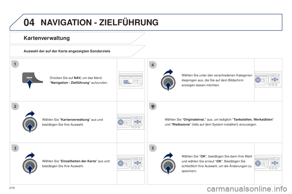 PEUGEOT 3008 2016  Betriebsanleitungen (in German) 04
270
3008_de_Chap12b_RT6-2-8_ed01-2015
Drücken Sie auf N AV, um das Menü 
" Navigation - Zielführung " aufzurufen.
Kar tenver waltung
Auswahl der auf der Kar te angezeigten Sonderziele
W