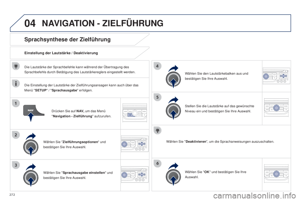 PEUGEOT 3008 2016  Betriebsanleitungen (in German) 04
272
3008_de_Chap12b_RT6-2-8_ed01-2015
Drücken Sie auf N AV, um das Menü 
" Navigation - Zielführung " aufzurufen.
Sprachsynthese der Zielführung
Wählen Sie "Zielführungsoptionen &