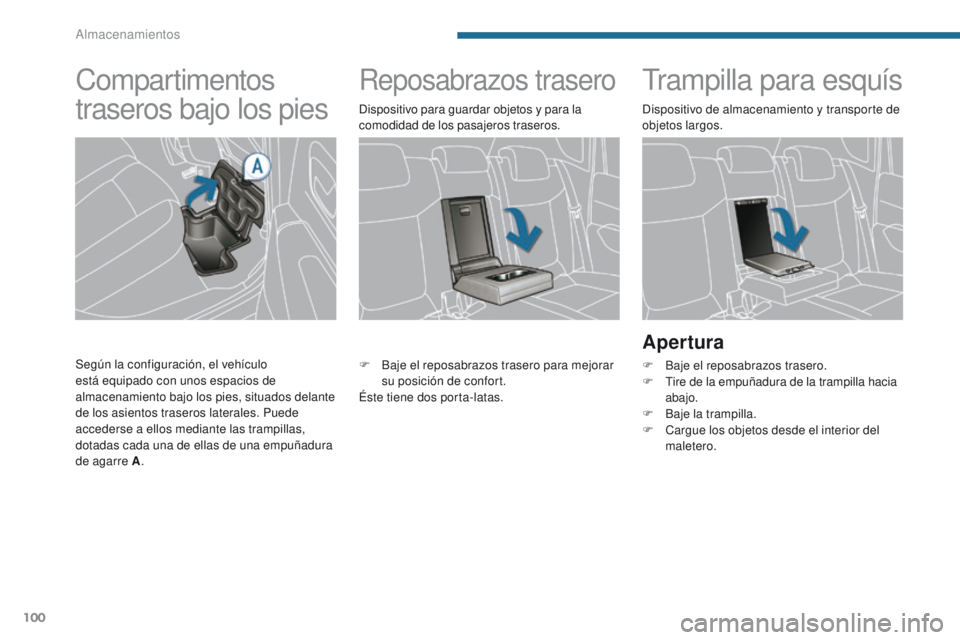 PEUGEOT 3008 2016  Manual del propietario (in Spanish) 100
3008_es_Chap05_amenagements_ed01-2015
Reposabrazos traseroTrampilla para esquís
Apertura
F Baje el reposabrazos trasero.
F T ire de la empuñadura de la trampilla hacia 
abajo.
F
 
B
 aje la tram