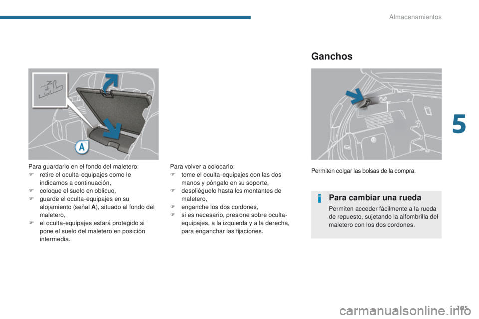 PEUGEOT 3008 2016  Manual del propietario (in Spanish) 105
3008_es_Chap05_amenagements_ed01-2015
Permiten colgar las bolsas de la compra.
Ganchos
Para guardarlo en el fondo del maletero:
F r etire el oculta-equipajes como le 
indicamos a continuación,
F
