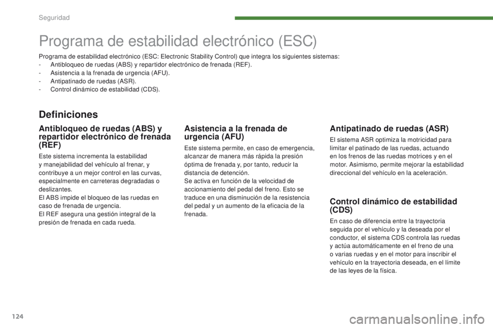 PEUGEOT 3008 2016  Manual del propietario (in Spanish) 124
3008_es_Chap07_securite_ed01-2015
Programa de estabilidad electrónico (ESC)
Definiciones
Antipatinado de ruedas (ASR)
El sistema ASR optimiza la motricidad para 
limitar el patinado de las ruedas