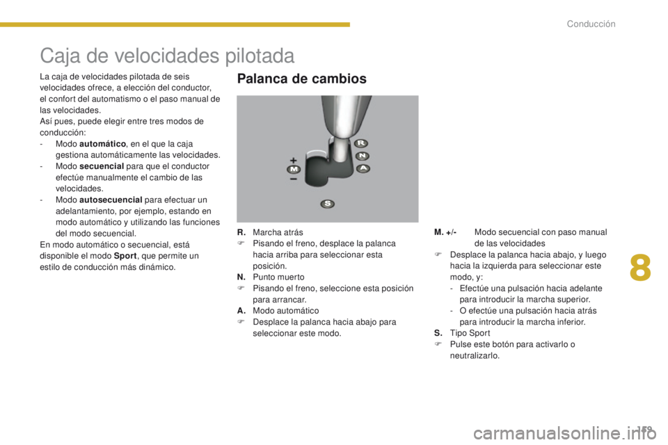 PEUGEOT 3008 2016  Manual del propietario (in Spanish) 159
3008_es_Chap08_conduite_ed01-2015
Caja de velocidades pilotada
Palanca de cambios
R.   Marcha atrás
F
 P isando el freno, desplace la palanca 
hacia arriba para seleccionar esta 
posición.
N.  
