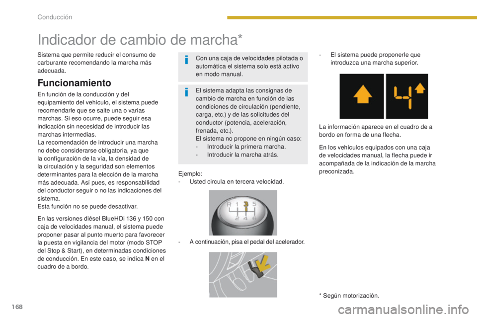 PEUGEOT 3008 2016  Manual del propietario (in Spanish) 168
3008_es_Chap08_conduite_ed01-2015
Indicador de cambio de marcha*
* Según motorización.
El sistema adapta las consignas de 
cambio de marcha en función de las 
condiciones de circulación (pendi
