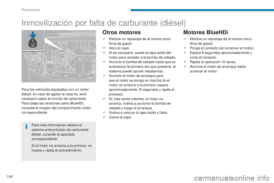 PEUGEOT 3008 2016  Manual del propietario (in Spanish) 184
3008_es_Chap09_verifications_ed01-2015
Inmovilización por falta de carburante (diésel)
Otros motores
F Efectúe un repostaje de al menos cinco litros de gasoil.
F
 
A
 bra el capó.
F
 
S
 i es 