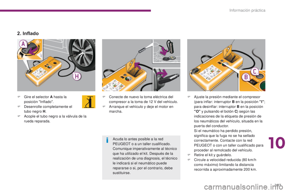 PEUGEOT 3008 2016  Manual del propietario (in Spanish) 207
3008_es_Chap10_infos-pratiques_ed01-2015
F Gire el selector A hasta la posición "Inflado".
F
 
D
 esenrolle completamente el 
tubo negro H .
F
 
A
 cople el tubo negro a la válvula de la