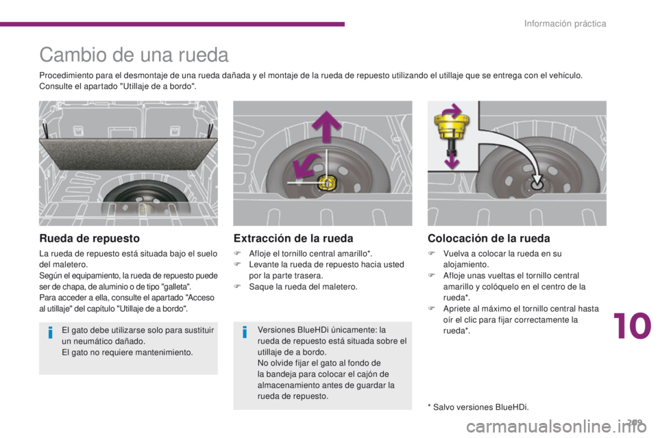 PEUGEOT 3008 2016  Manual del propietario (in Spanish) 209
3008_es_Chap10_infos-pratiques_ed01-2015
Colocación de la rueda
F Vuelva a colocar la rueda en su alojamiento.
F
 
A
 floje unas vueltas el tornillo central 
amarillo y colóquelo en el centro de