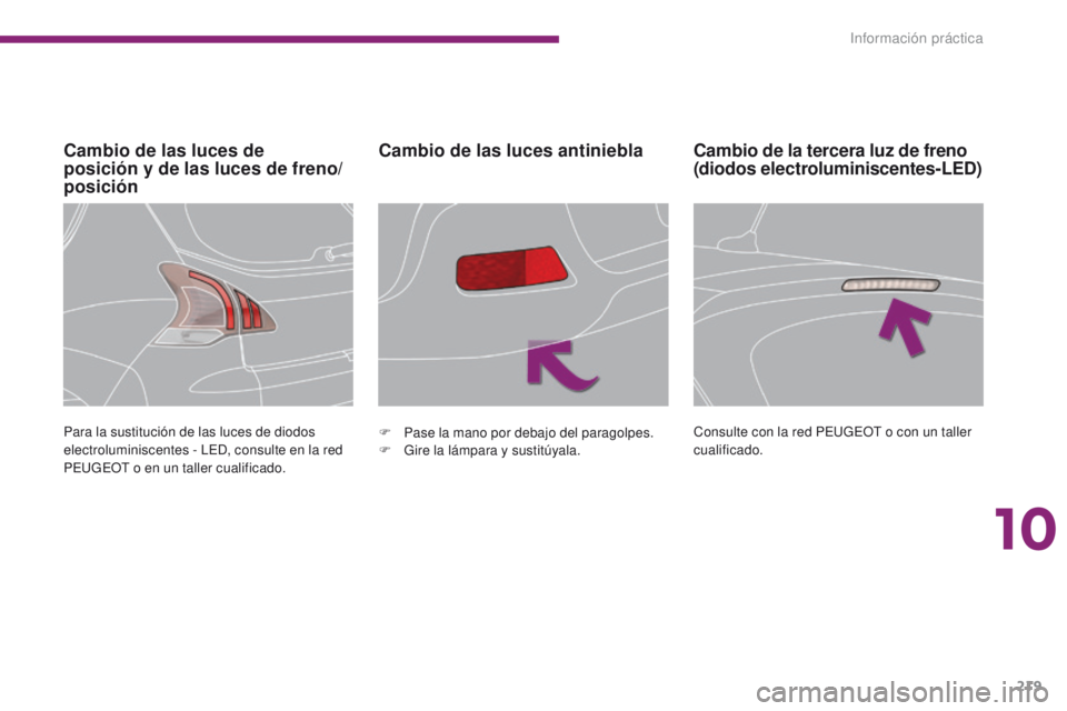 PEUGEOT 3008 2016  Manual del propietario (in Spanish) 219
3008_es_Chap10_infos-pratiques_ed01-2015
Cambio de las luces de  
posición y de las luces de freno/
posiciónCambio de las luces antiniebla
Para la sustitución de las luces de diodos 
electrolum