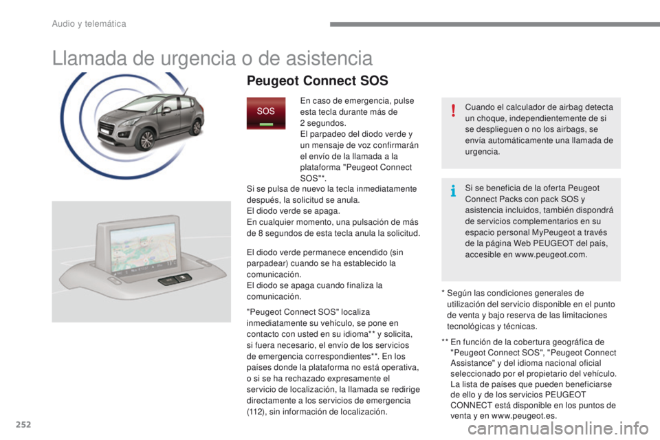 PEUGEOT 3008 2016  Manual del propietario (in Spanish) 252
3008_es_Chap12a_BTA_ed01-2015
Llamada de urgencia o de asistencia
Cuando el calculador de airbag detecta 
un choque, independientemente de si 
se desplieguen o no los airbags, se 
envía automáti