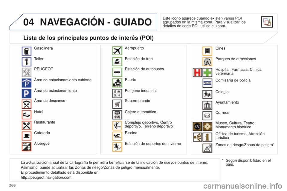 PEUGEOT 3008 2016  Manual del propietario (in Spanish) 04
266
3008_es_Chap12b_RT6-2-8_ed01-2015
NAVEGACIóN - GUIADO
Este icono aparece cuando existen varios POI 
agrupados en la misma zona. Para visualizar los 
detalles de cada POI, utilice el zoom.
Gaso