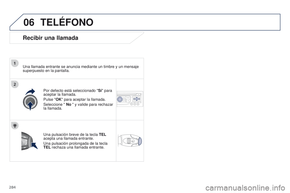 PEUGEOT 3008 2016  Manual del propietario (in Spanish) 06
284
3008_es_Chap12b_RT6-2-8_ed01-2015
TELÉFONO
Recibir una llamada
Una llamada entrante se anuncia mediante un timbre y un mensaje 
superpuesto en la pantalla.Por defecto está seleccionado " 