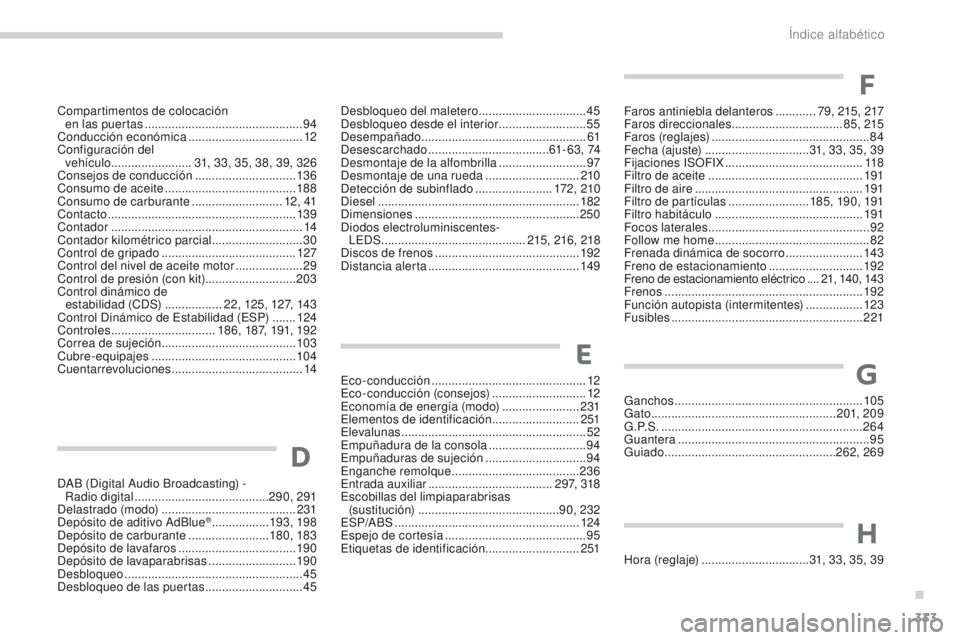 PEUGEOT 3008 2016  Manual del propietario (in Spanish) 333
3008_es_Chap13_index-alpha_ed01-2015
DAB (Digital Audio Broadcasting) -  Radio digital  ........................................ 290, 291
Delastrado (modo)
 

.....................................