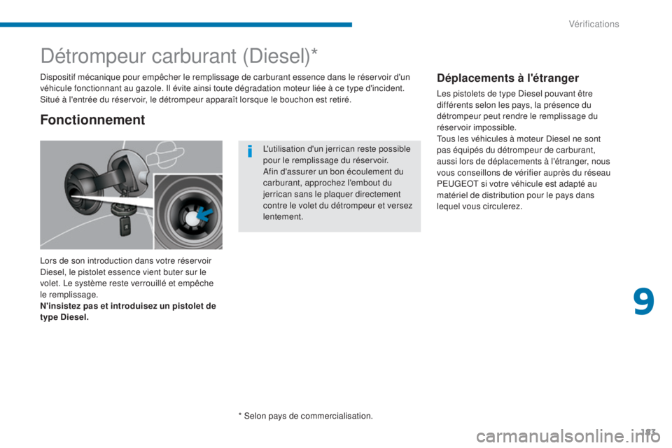 PEUGEOT 3008 2016  Manuel du propriétaire (in French) 183
Détrompeur carburant (Diesel)*
Lors de son introduction dans votre réservoir 
Diesel, le pistolet essence vient buter sur le 
volet. Le système reste verrouillé et empêche 
le remplissage.
N&