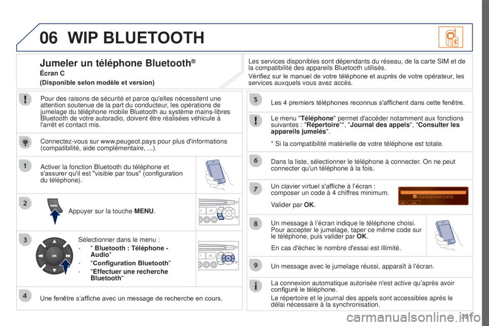 PEUGEOT 3008 2016  Manuel du propriétaire (in French) 06
321
WIP BLUETOOTH
Pour des raisons de sécurité et parce qu'elles nécessitent une \
attention soutenue de la part du conducteur, les opérations de 
jumelage du téléphone mobile Bluetooth 