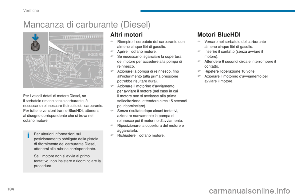 PEUGEOT 3008 2016 Manuale duso (in Italian) 184
3008_it_Chap09_verifications_ed01-2015
Mancanza di carburante (Diesel)
Altri motori
F Riempire il serbatoio del carburante con almeno cinque litri di gasolio.
F
A
prire il cofano motore.
F
S
PEUGEOT 3008 2016 Manuale duso (in Italian) 184
3008_it_Chap09_verifications_ed01-2015
Mancanza di carburante (Diesel)
Altri motori
F Riempire il serbatoio del carburante con almeno cinque litri di gasolio.
F
A
prire il cofano motore.
F
S