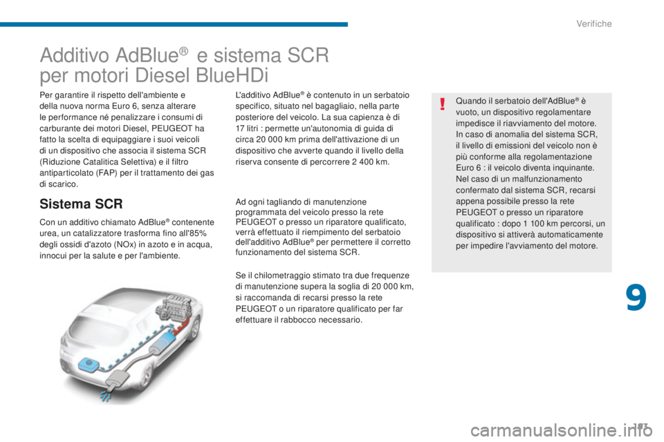 PEUGEOT 3008 2016 Manuale duso (in Italian) 193
3008_it_Chap09_verifications_ed01-2015
Additivo AdBlue® e sistema SCR
per motori Diesel BlueHDi
Per garantire il rispetto dell'ambiente e
della nuova norma Euro 6, senza alterare
le per fo PEUGEOT 3008 2016 Manuale duso (in Italian) 193
3008_it_Chap09_verifications_ed01-2015
Additivo AdBlue® e sistema SCR
per motori Diesel BlueHDi
Per garantire il rispetto dell'ambiente e
della nuova norma Euro 6, senza alterare
le per fo