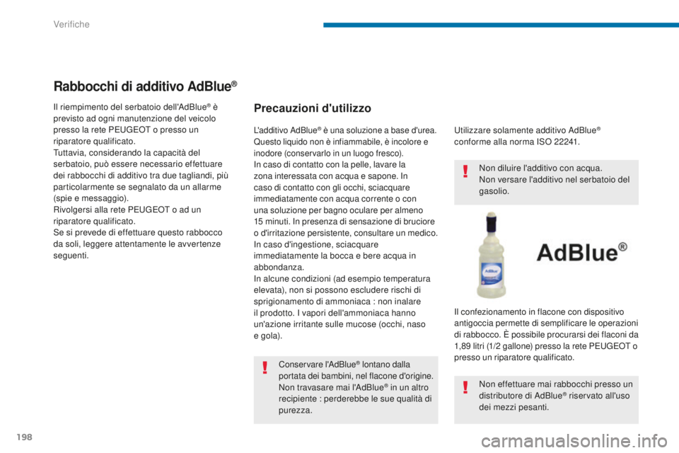 PEUGEOT 3008 2016 Manuale duso (in Italian) 198
3008_it_Chap09_verifications_ed01-2015
Rabbocchi di additivo AdBlue®
Precauzioni d'utilizzo
Conservare l'AdBlue® lontano dalla
portata dei bambini, nel flacone d'origine.
Non travas PEUGEOT 3008 2016 Manuale duso (in Italian) 198
3008_it_Chap09_verifications_ed01-2015
Rabbocchi di additivo AdBlue®
Precauzioni d'utilizzo
Conservare l'AdBlue® lontano dalla
portata dei bambini, nel flacone d'origine.
Non travas