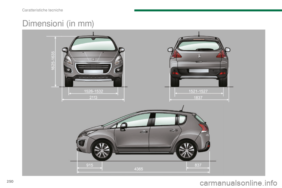 PEUGEOT 3008 2016  Manuale duso (in Italian) 250
3008_it_Chap11_caracteristiques_ed01-2015
Dimensioni (in mm) 
Caratteristiche tecniche  