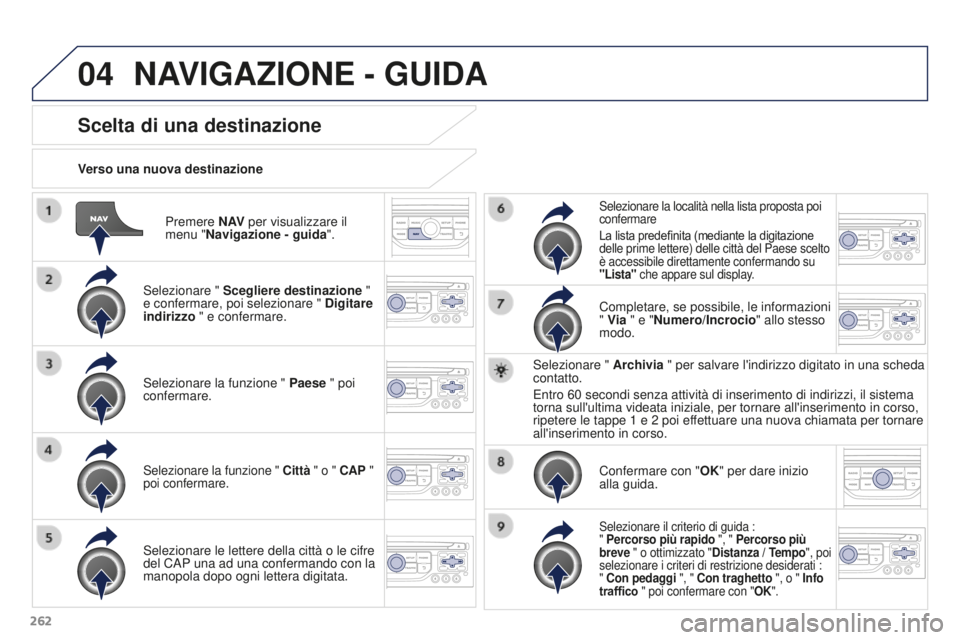PEUGEOT 3008 2016 Manuale duso (in Italian) 04
262
3008_it_Chap12b_RT6-2-8_ed01-2015
Premere N AV per visualizzare il
menu "Navigazione - guida ".
Verso una nuova destinazione
Scelta di una destinazione
Selezionare "
Scegliere des PEUGEOT 3008 2016 Manuale duso (in Italian) 04
262
3008_it_Chap12b_RT6-2-8_ed01-2015
Premere N AV per visualizzare il
menu "Navigazione - guida ".
Verso una nuova destinazione
Scelta di una destinazione
Selezionare "
Scegliere des