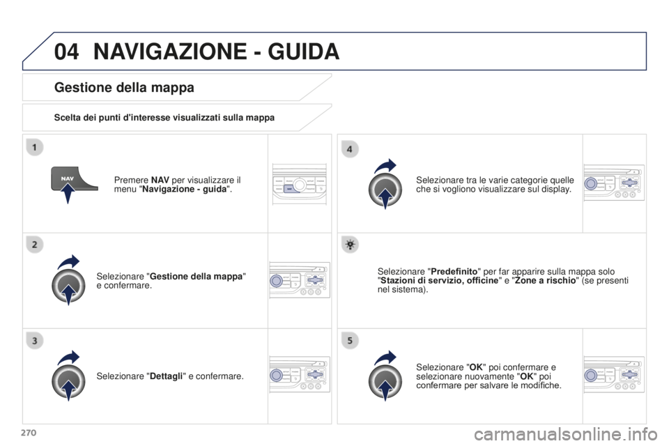 PEUGEOT 3008 2016  Manuale duso (in Italian) 04
270
3008_it_Chap12b_RT6-2-8_ed01-2015
Premere N AV per visualizzare il 
menu "Navigazione - guida ".
Gestione della mappa
Scelta dei punti d'interesse visualizzati sulla mappa
Seleziona