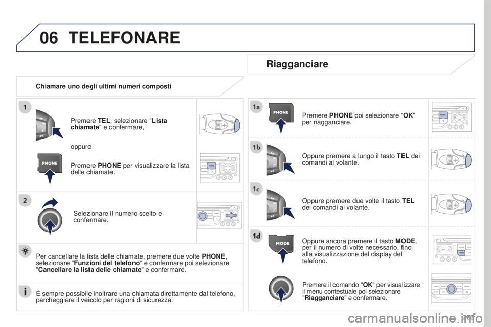 PEUGEOT 3008 2016  Manuale duso (in Italian) 06
283
3008_it_Chap12b_RT6-2-8_ed01-2015
TELEFONARE
Chiamare uno degli ultimi numeri compostiPremere TEL, selezionare " Lista 
chiamate" e confermare,
Selezionare il numero scelto e 
confermar