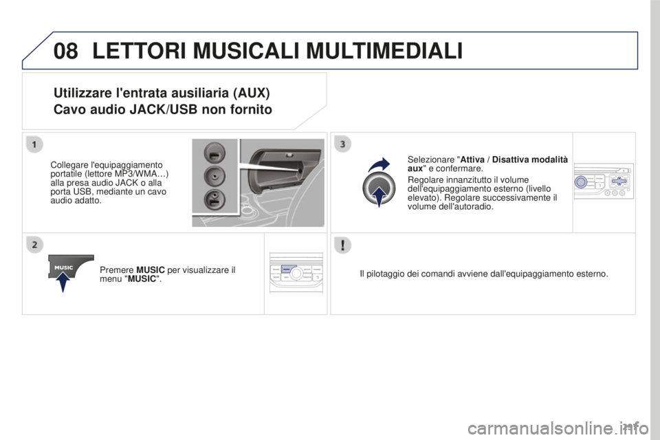 PEUGEOT 3008 2016  Manuale duso (in Italian) 08
297
3008_it_Chap12b_RT6-2-8_ed01-2015
LETTORI MUSICALI MULTIMEDIALI
Utilizzare l'entrata ausiliaria (AUX)
Cavo audio JACK/USB non fornito
Collegare l'equipaggiamento 
portatile (lettore MP3