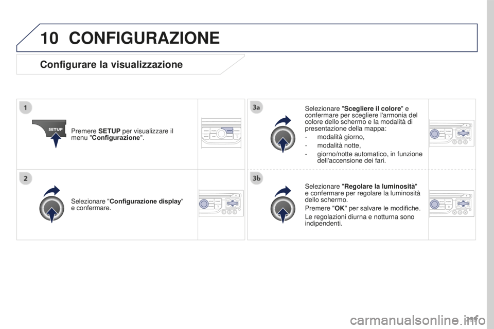 PEUGEOT 3008 2016  Manuale duso (in Italian) 10
299
3008_it_Chap12b_RT6-2-8_ed01-2015
CONFIGURAZIONE
Premere SETUP per visualizzare il 
menu "Configurazione".Selezionare "
Scegliere il colore" e 
confermare per scegliere l'ar