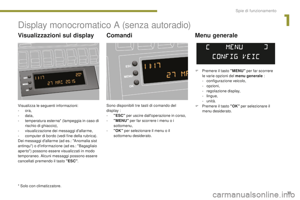 PEUGEOT 3008 2016 Manuale duso (in Italian) 31
3008_it_Chap01_controle-marche_ed01-2015
Visualizza le seguenti informazioni:
- ora,
-
data,
-
t
emperatura esterna* (lampeggia in caso di
rischio di ghiaccio),
-
v
isualizzazione dei mess PEUGEOT 3008 2016 Manuale duso (in Italian) 31
3008_it_Chap01_controle-marche_ed01-2015
Visualizza le seguenti informazioni:
- ora,
-
data,
-
t
emperatura esterna* (lampeggia in caso di
rischio di ghiaccio),
-
v
isualizzazione dei mess