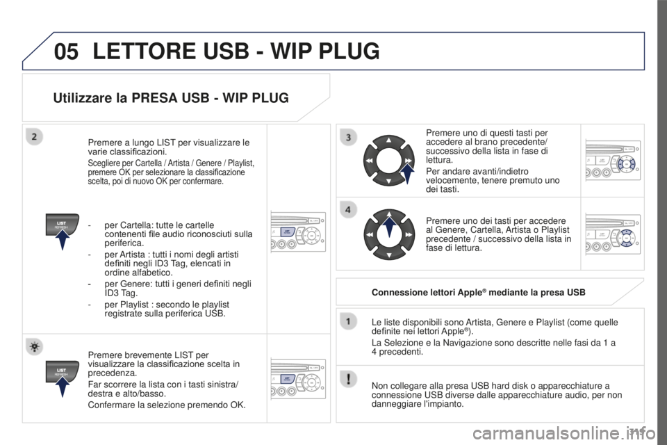 PEUGEOT 3008 2016  Manuale duso (in Italian) 05
319
3008_it_Chap12c_RD45_ed01_2015
Utilizzare la PRESA USB - WIP PLUG
Premere brevemente LIST per 
visualizzare la classificazione scelta in 
precedenza.
Far scorrere la lista con i tasti sinistra/