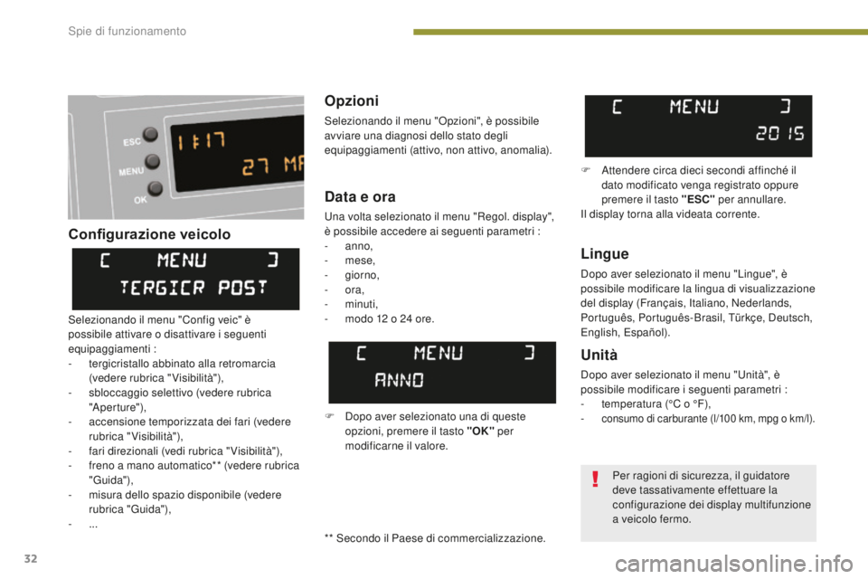 PEUGEOT 3008 2016 Manuale duso (in Italian) 32
3008_it_Chap01_controle-marche_ed01-2015
Configurazione veicoloOpzioni
Selezionando il menu "Opzioni", è possibile
avviare una diagnosi dello stato degli
equipaggiamenti (attivo, non att PEUGEOT 3008 2016 Manuale duso (in Italian) 32
3008_it_Chap01_controle-marche_ed01-2015
Configurazione veicoloOpzioni
Selezionando il menu "Opzioni", è possibile
avviare una diagnosi dello stato degli
equipaggiamenti (attivo, non att