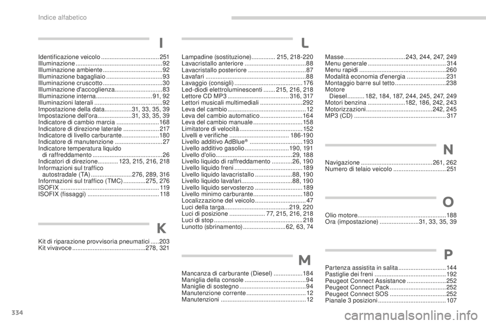 PEUGEOT 3008 2016 Manuale duso (in Italian) 334
3008_it_Chap13_index-alpha_ed01-2015
I
Masse .................................... 243, 244, 247, 249
Menu generale .............................................. 314
Menu rapidi
.............. PEUGEOT 3008 2016 Manuale duso (in Italian) 334
3008_it_Chap13_index-alpha_ed01-2015
I
Masse .................................... 243, 244, 247, 249
Menu generale .............................................. 314
Menu rapidi
..............