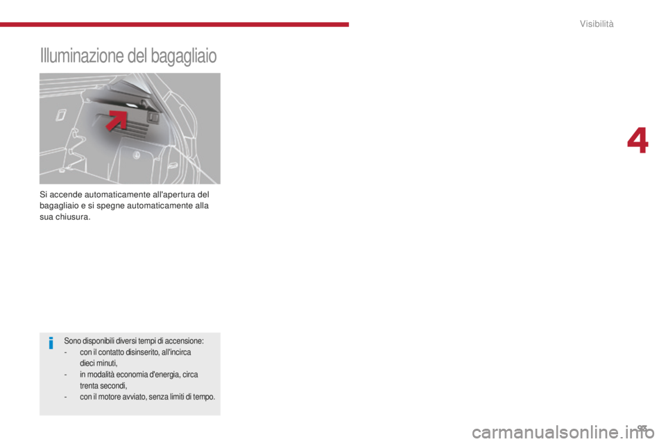 PEUGEOT 3008 2016  Manuale duso (in Italian) 93
3008_it_Chap04_visibilite_ed01-2015
Si accende automaticamente all'apertura del 
bagagliaio e si spegne automaticamente alla 
sua chiusura.
Illuminazione del bagagliaio
Sono disponibili diversi
