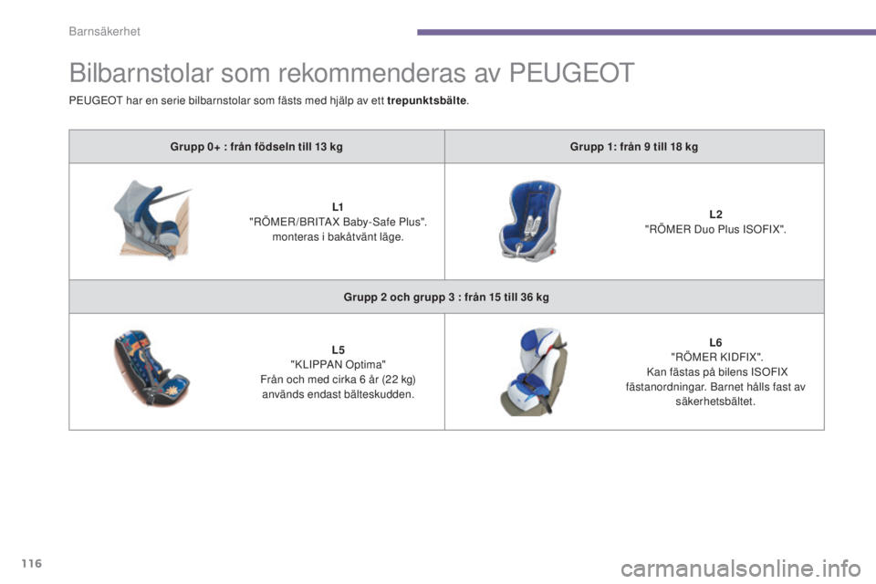 PEUGEOT 3008 2016  Bruksanvisningar (in Swedish) 116
3008_sv_Chap06_securite-enfants_ed01-2015
Bilbarnstolar som rekommenderas av PEUGEOT
Grupp 0+ : från födseln till 13 kgG rupp 1: från 9   till 18   kg
L1
 "

RÖMER /BRITA X Baby-Safe Plus&