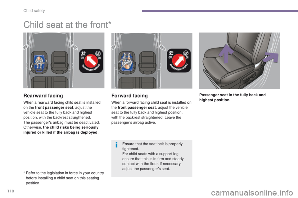 PEUGEOT 3008 2015.5.  Owners Manual 110
Forward facing
When a for ward facing child seat is installed on 
the front passenger seat, adjust the vehicle 
seat to the fully back and highest position, 
with the backrest straightened. Leave 