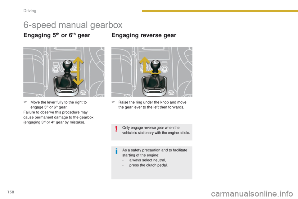 PEUGEOT 3008 2015.5.  Owners Manual 158
6-speed manual gearbox
Engaging 5th or 6th gear Engaging reverse gear
Only engage reverse gear when the 
vehicle is stationary with the engine at idle.
As a safety precaution and to facilitate 
st