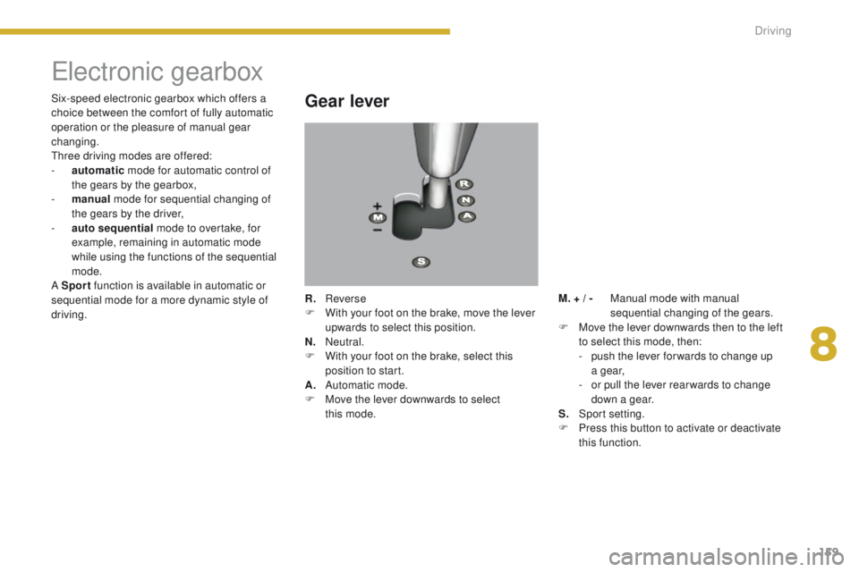 PEUGEOT 3008 2015.5. Owners Manual 159
Electronic gearbox
Gear lever
R. Reverse
F W ith your foot on the brake, move the lever
upwards to select this position.
N.
N
eutral.
F
W
ith your foot on the brake, select this
position to PEUGEOT 3008 2015.5. Owners Manual 159
Electronic gearbox
Gear lever
R. Reverse
F W ith your foot on the brake, move the lever
upwards to select this position.
N.
N
eutral.
F
W
ith your foot on the brake, select this
position to