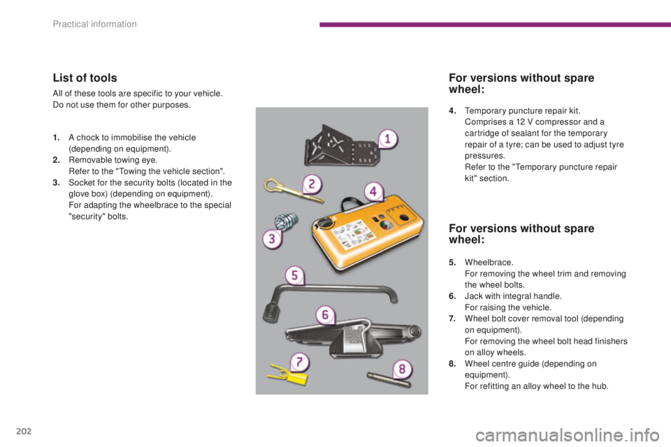 PEUGEOT 3008 2015.5. Owners Manual 202
List of tools
All of these tools are specific to your vehicle.
Do not use them for other purposes.
1.
A c
hock to immobilise the vehicle
(depending on equipment).
2.
R
emovable towing eye.
R PEUGEOT 3008 2015.5. Owners Manual 202
List of tools
All of these tools are specific to your vehicle.
Do not use them for other purposes.
1.
A c
hock to immobilise the vehicle
(depending on equipment).
2.
R
emovable towing eye.
R