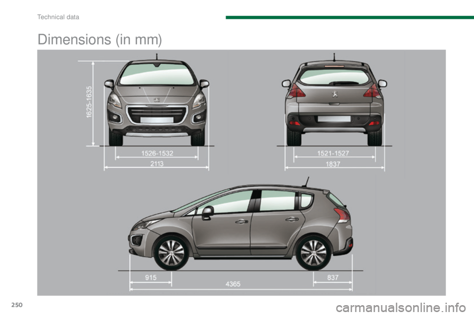 PEUGEOT 3008 2015.5.  Owners Manual 250
Dimensions (in mm) 
Technical data  