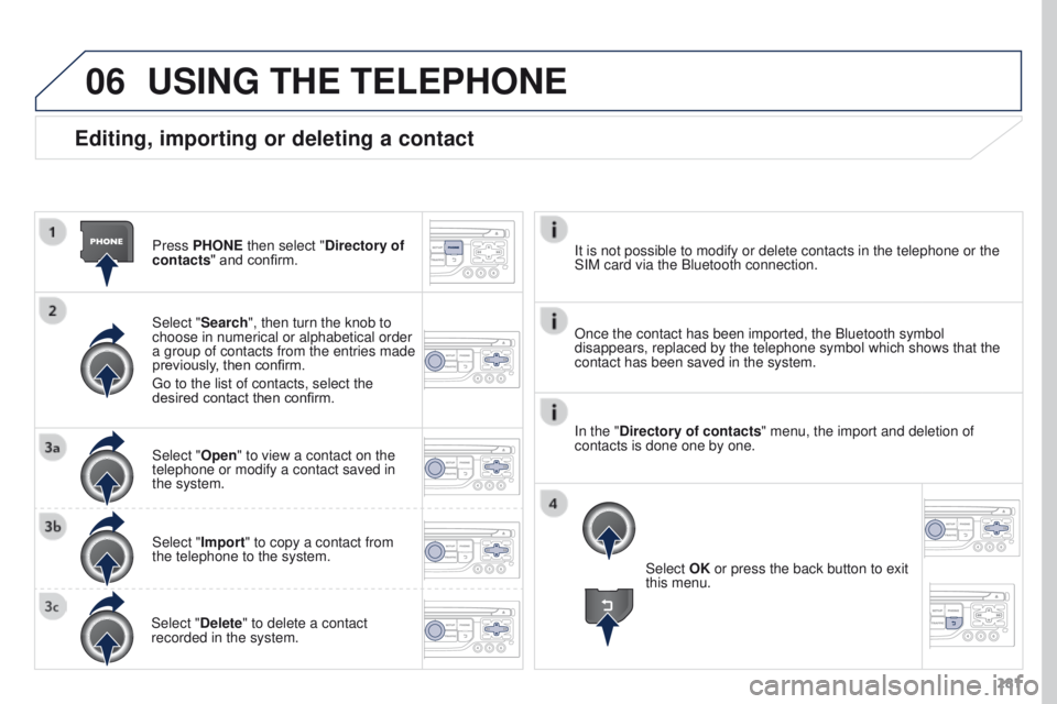 PEUGEOT 3008 2015.5.  Owners Manual 06
281
Editing, importing or deleting a contact
Press PHONE then select "Directory of 
contacts" and confirm.
Select "Search", then turn the knob to 
choose in numerical or alphabetica
