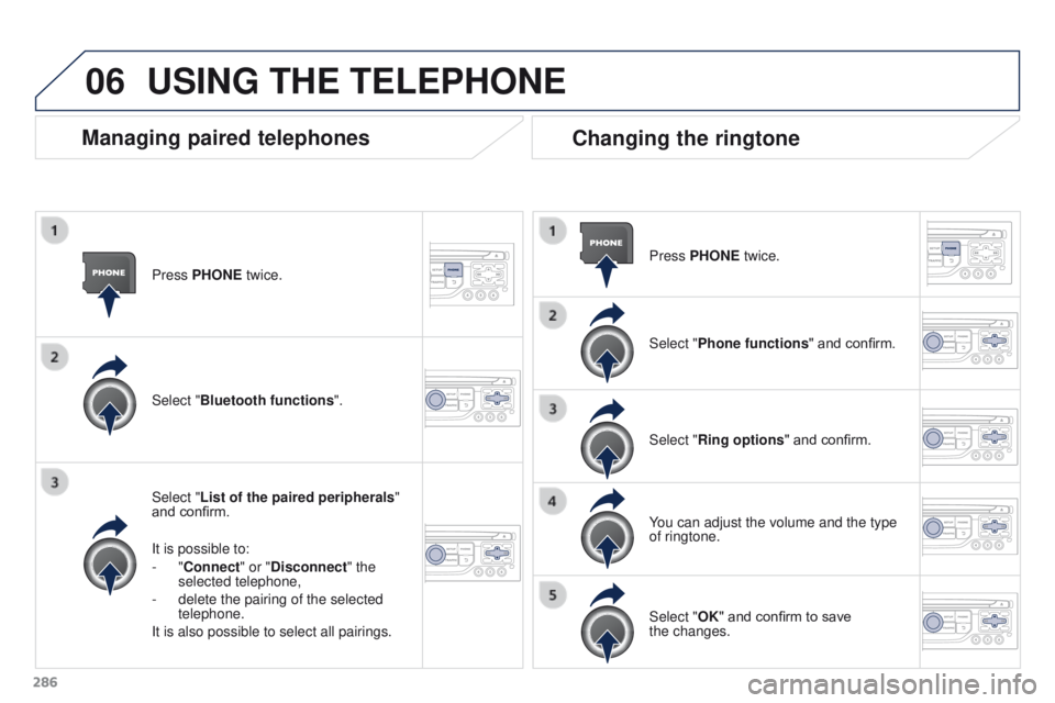 PEUGEOT 3008 2015.5.  Owners Manual 06
286Press PHONE twice.
Select "List of the paired peripherals
" 
and confirm.
It is possible to:
-   "Connect" or "Disconnect" the 
selected telephone,
-  
delete the pairing